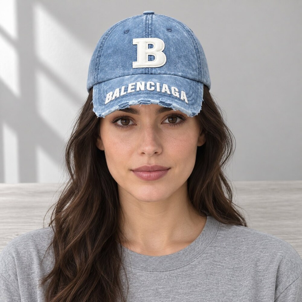 Balenciaga Blue Distressed Denim Cap - Picture 2 of 6